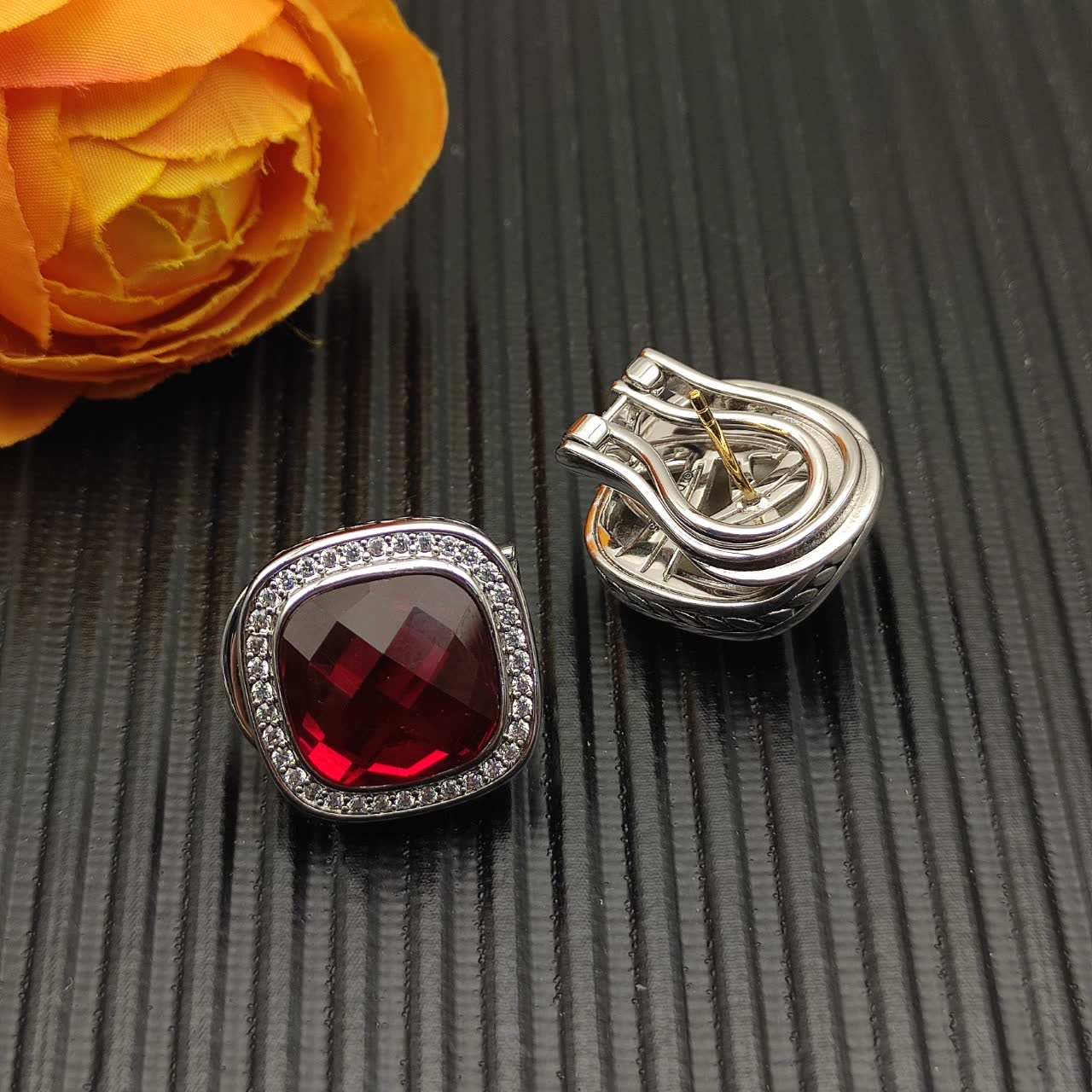 David Yurman Sterling Silver Albion Earrings with Red Diamonds